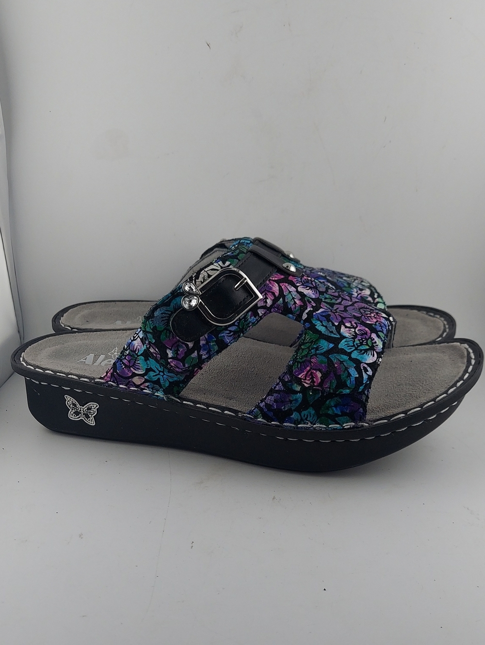 Alegria Floral Patterned Slide Sandal in Purple, Teal, Black